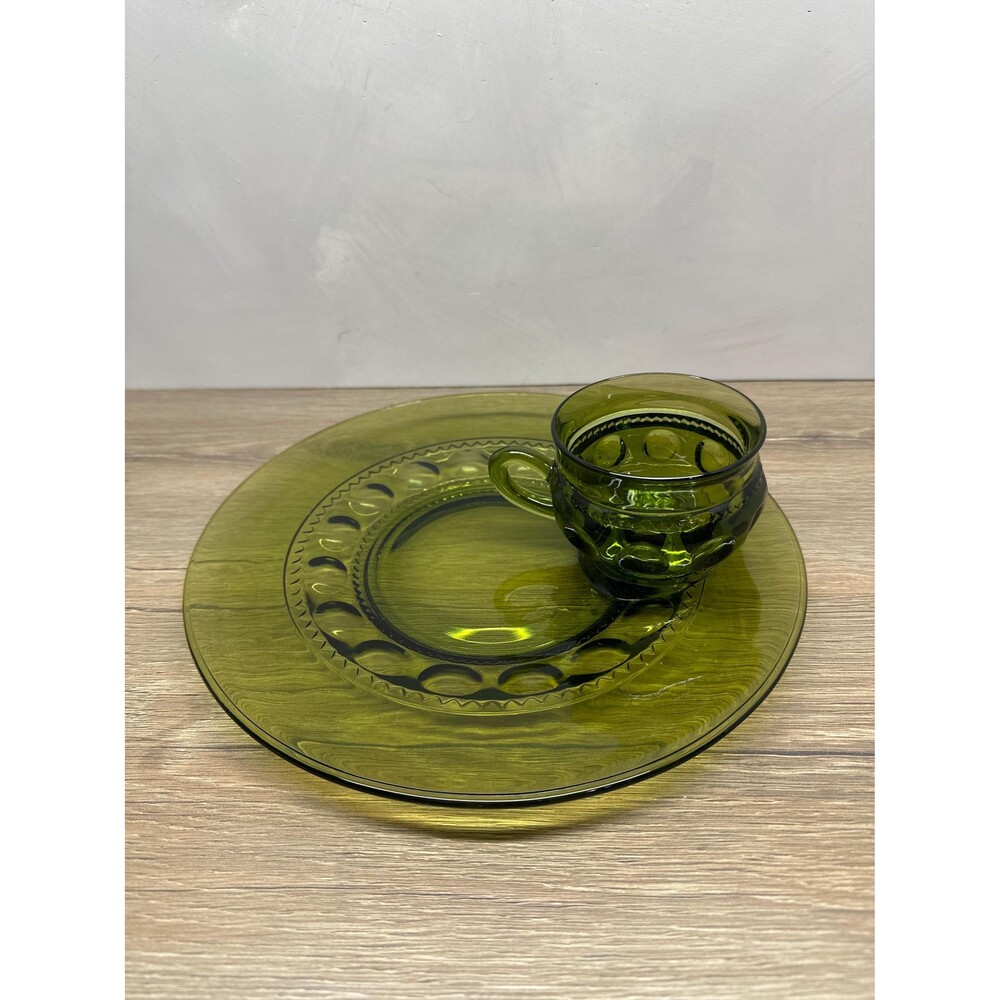 Vintage MCM Indiana Glass Kings Crown Avocado Green Snack Luncheon Plate and Cup